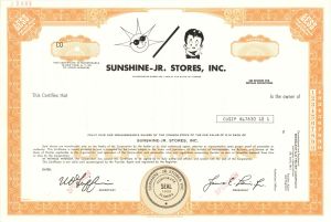Sunshine-Jr. Stores, Inc. -  1952 dated Specimen Stock Certificate