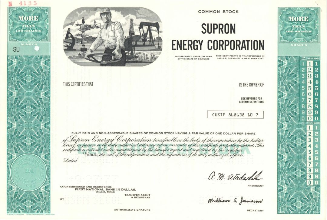 Supron Energy Corp. -  1977 dated Specimen Stock Certificate