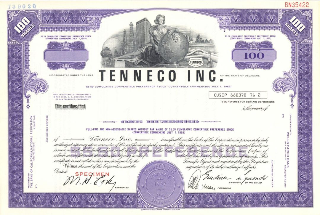 Tenneco Inc. -  1947 dated Specimen Stock Certificate