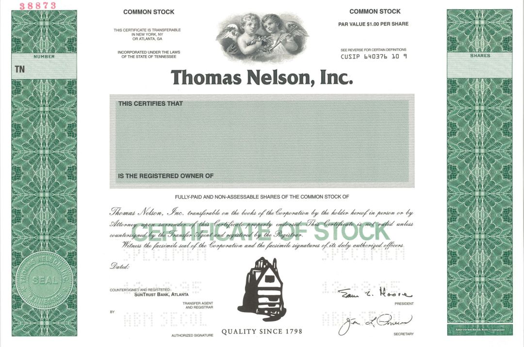 Thomas Nelson, Inc. - 1995 dated Specimen Stock Certificate