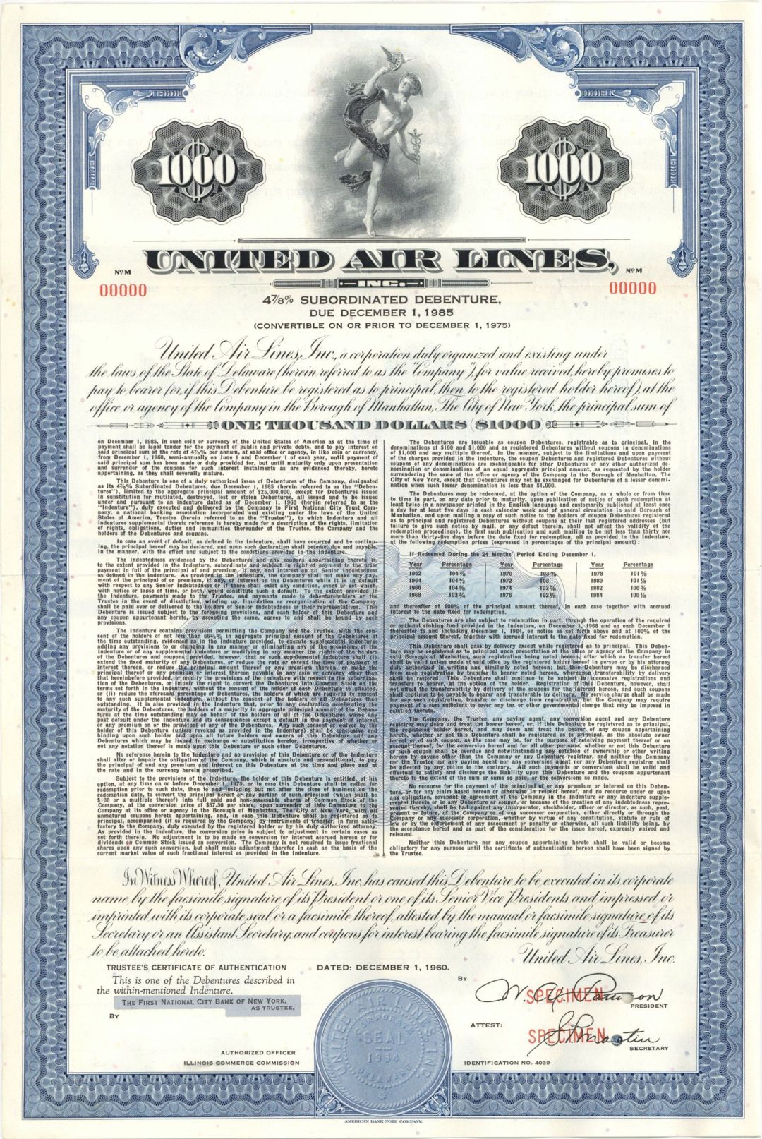 United Air Lines, Inc. - $1,000 1960 dated Specimen Bond