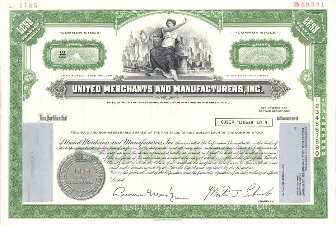 United Merchants and Manufacturers, Inc. -  1928 dated Specimen Stock Certificate