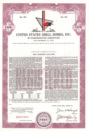 United States Shell Homes, Inc. - $100 1960 dated Specimen Bond