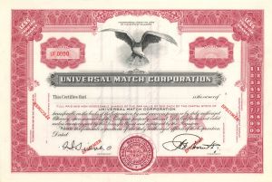 Universal Match Corp. -  1937 dated Specimen Stock Certificate