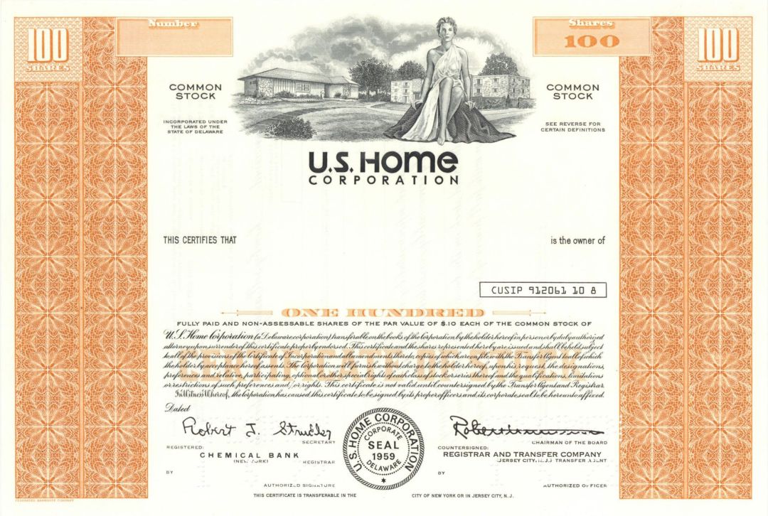 U.S. Home Corporation - 1972 dated Specimen Stock Certificate