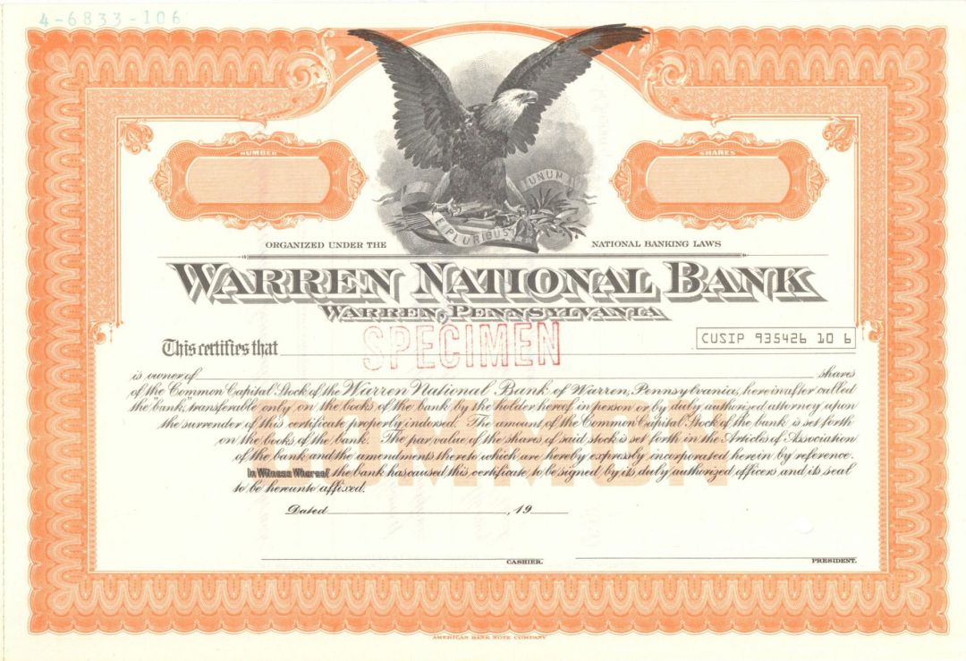 Warren National Bank -  Specimen Stock Certificate