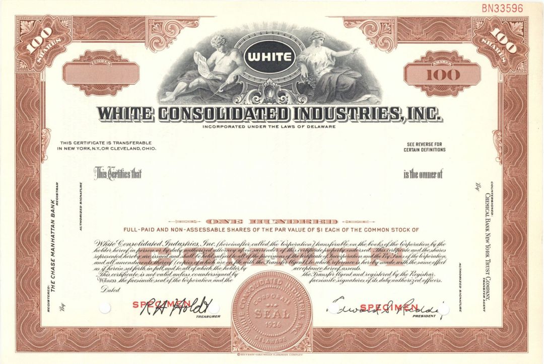 White Consolidated Industries, Inc. -  1926 dated Specimen Stock Certificate