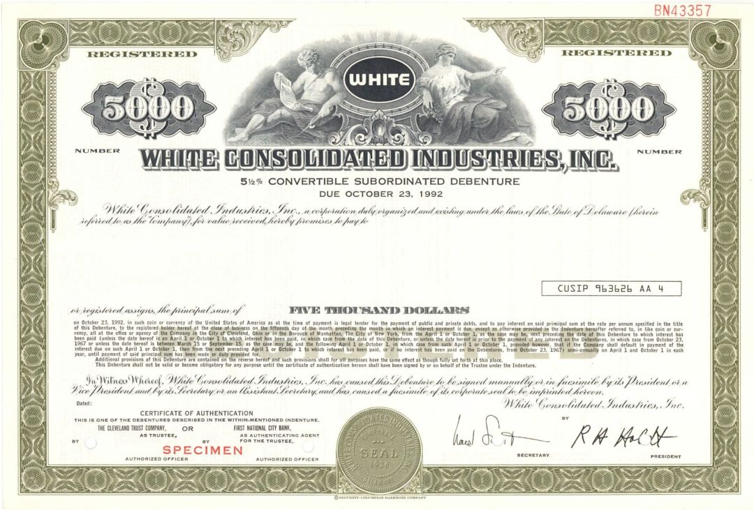 White Consolidated Industries, Inc. -  $5,000 1926 dated Specimen Bond