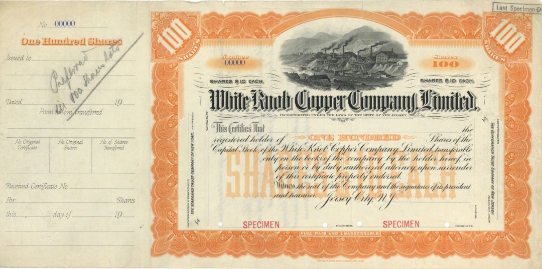 White Knob Copper Company, Ltd. -  Specimen Stock Certificate