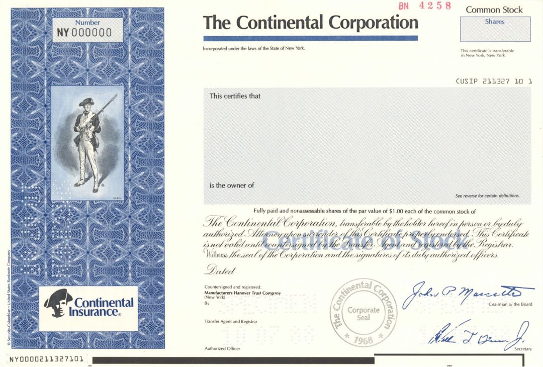Continental Corp. dated 10-7-88 - Specimen Stock Certificate