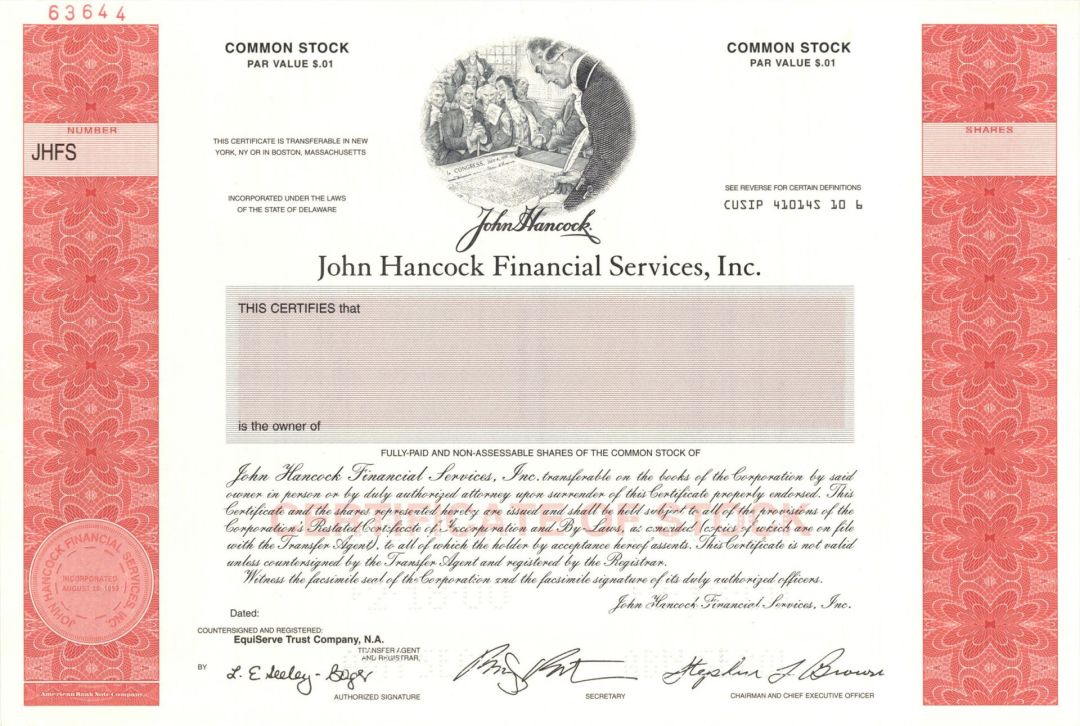 John Hancock Financial Services, Inc. - 2000 dated Specimen Stock Certificate