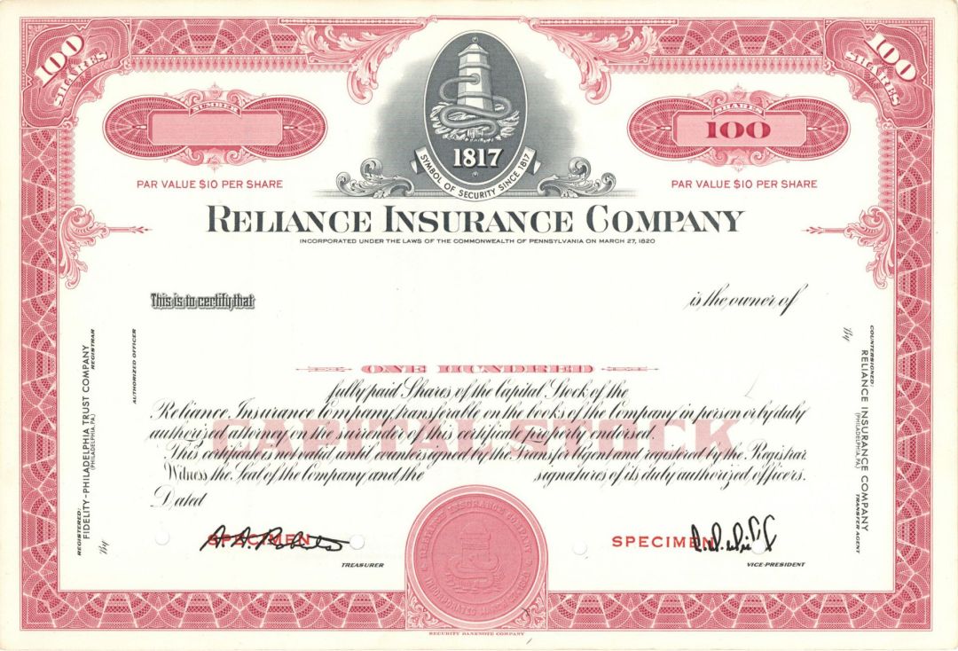 Reliance Insurance Co.  dated 1817 - Specimen Stock Certificate