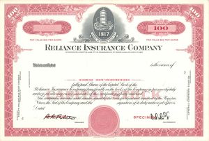 Reliance Insurance Co. - Vignette showing date of 1817 - Specimen Stock Certificate