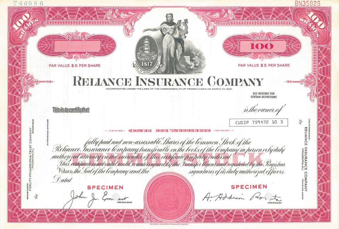 Reliance Insurance Co. - Specimen Stock Certificate