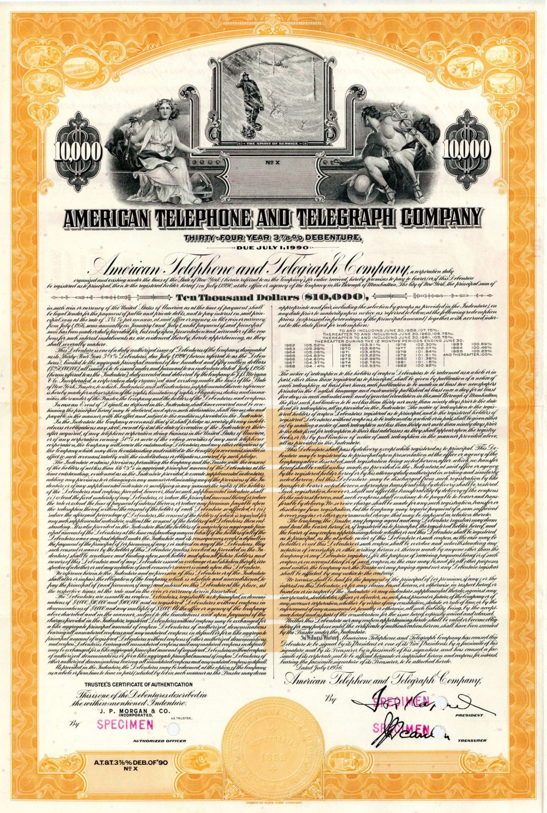 American Telephone and Telegraph Co. - 1956 dated $10,000 Specimen Bond