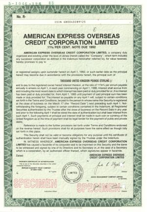 American Express Overseas Credit Corp. Ltd. -  1985 dated Specimen Bond