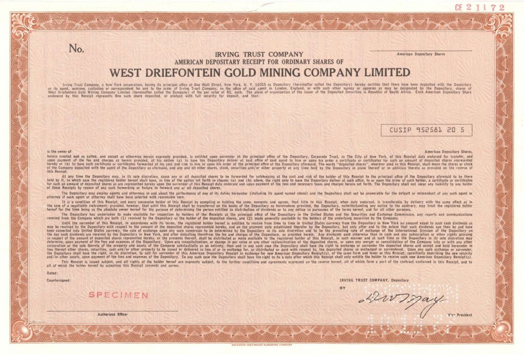 West Driefontein Gold Mining Company Limited - 10-19-77 dated Specimen Stock