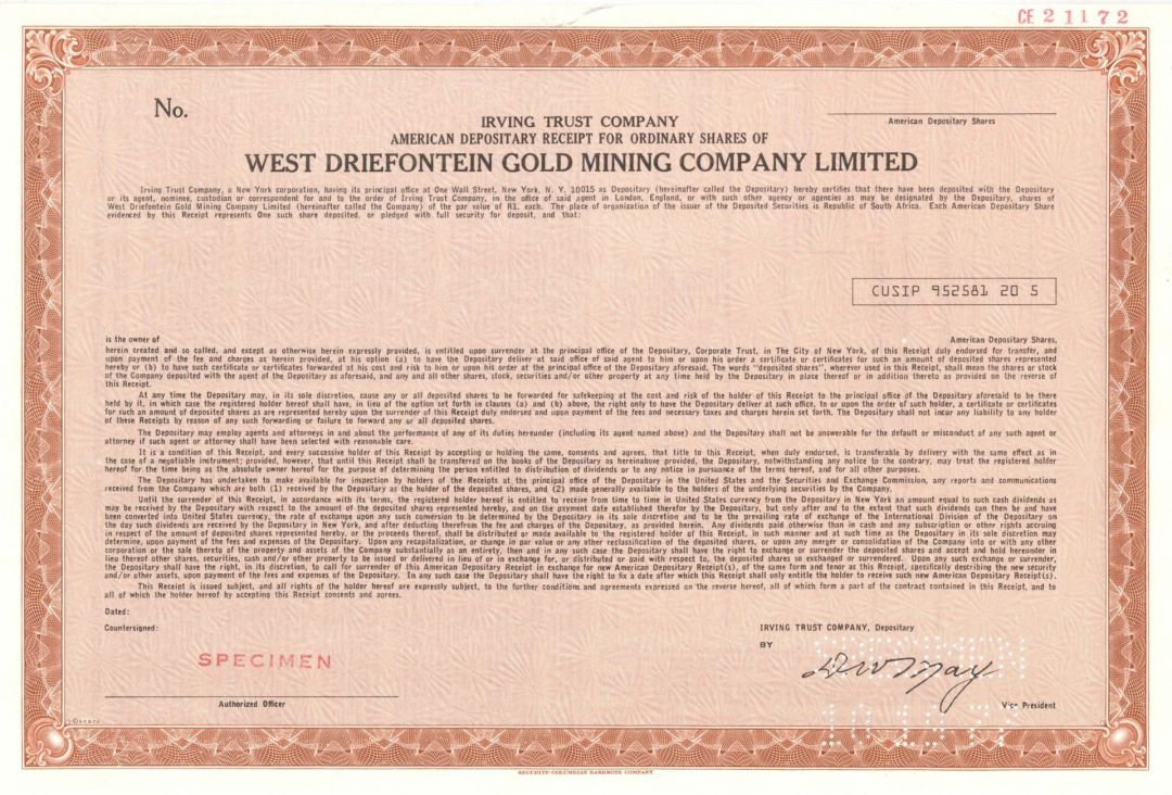 West Driefontein Gold Mining Company Limited - 10-19-77 dated Specimen Stock