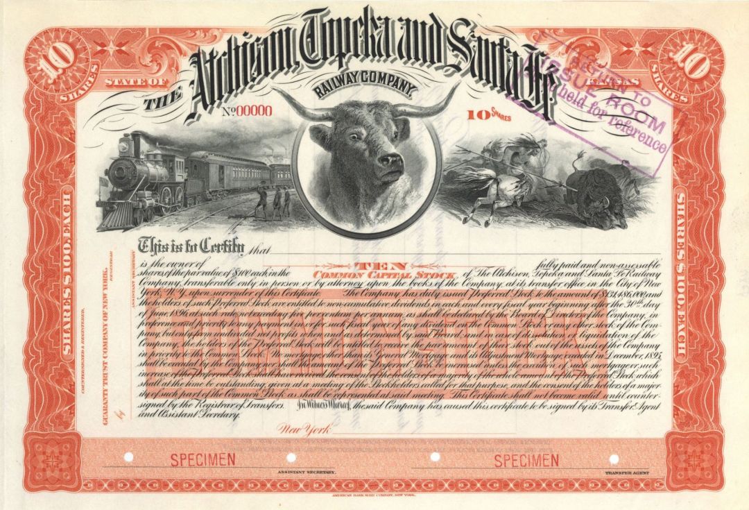 Atchison, Topeka and Santa Fe Railway Co. - Specimen Stock Certificate - Gorgeous Triple Vignette