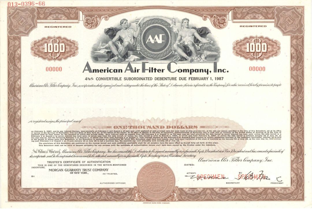 American Air Filter Company, Inc. - $1,000 Specimen Bond
