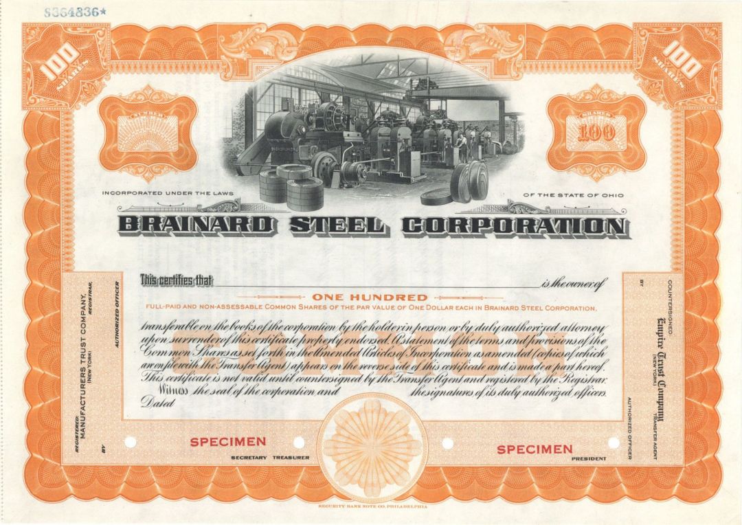 Brainard Steel Corporation - Specimen Stock Certificate