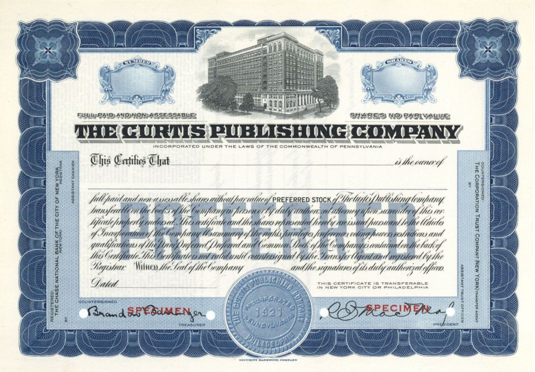 Curtis Publishing Co. - Specimen Stock Certificate