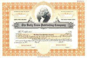 Daily News Publishing Co. - Vignette of George Washington - Specimen Stock Certificate - McKeesport, Pennsylvania