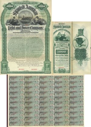 Spanish American Light and Power Company - 1894 dated $1,000 Specimen Gold Bond - Spectacular Vignette