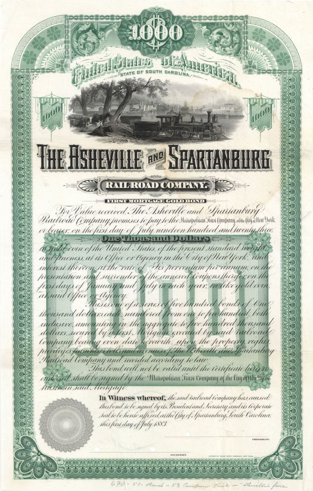 Asheville and Spartanburg Railroad Co. - 1883 dated $1,000 Specimen Bond - Specimen Stocks and Bonds