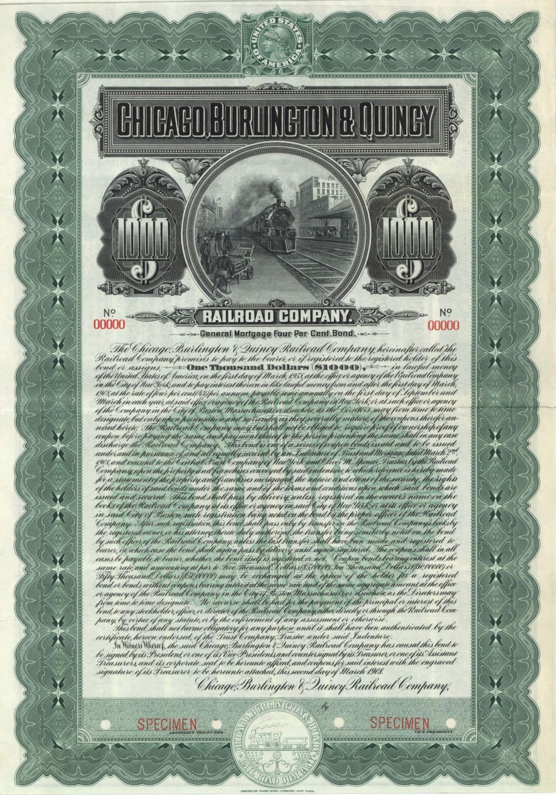 Chicago, Burlington and Quincy Railroad Co. - 1908 dated $1,000 Specimen Bond - Specimen Stocks and Bonds