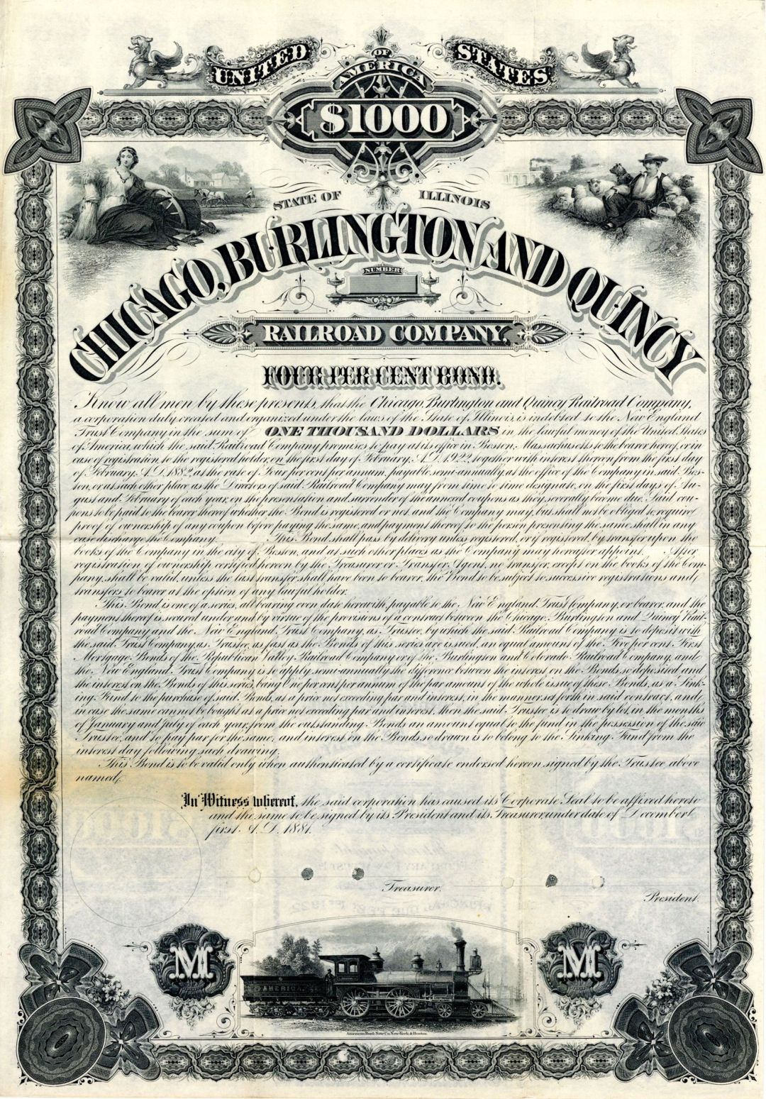 Chicago, Burlington and Quincy Railroad Co. - 1881 dated $1,000 Specimen Bond - Specimen Stocks and Bonds