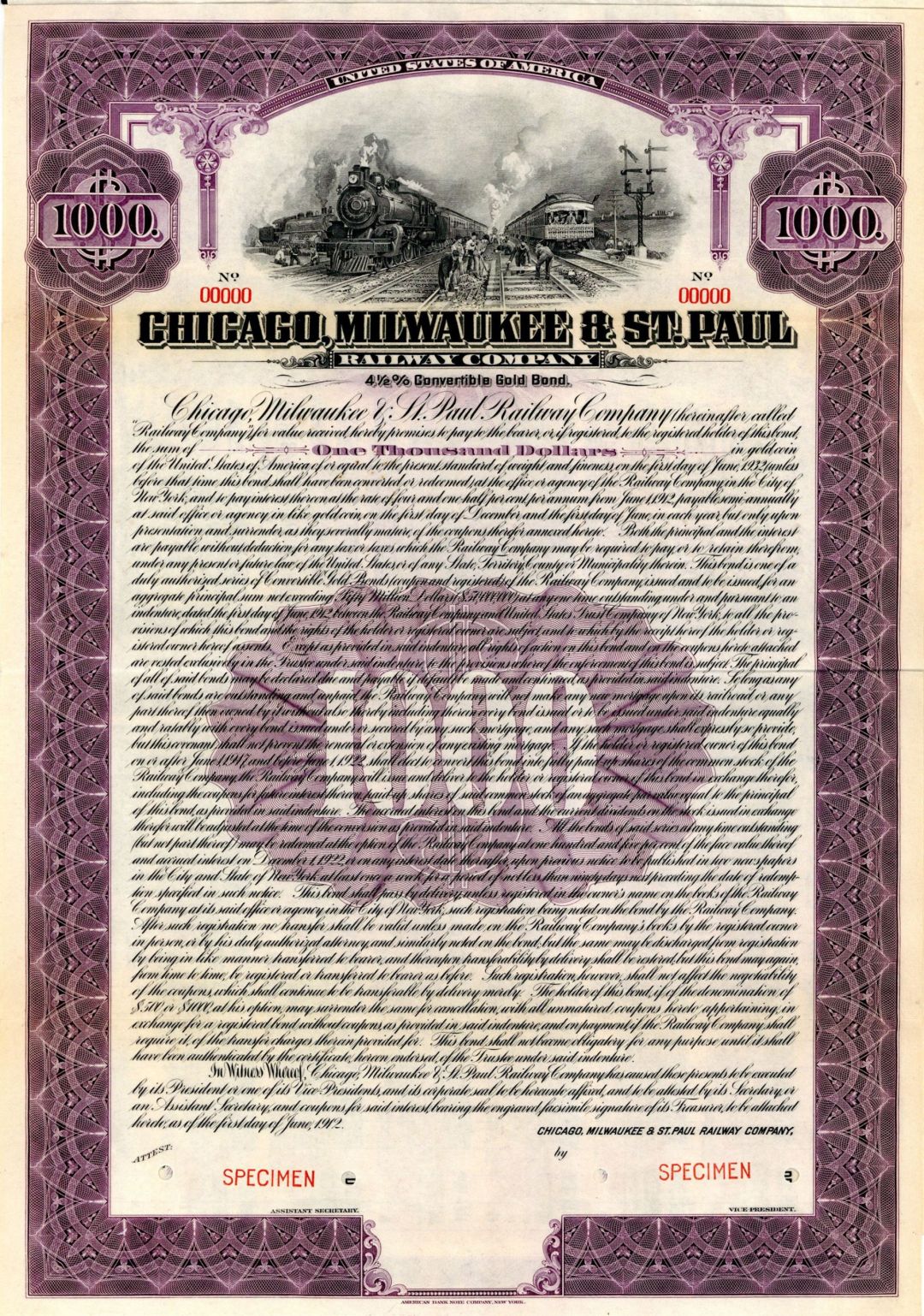 Chicago, Milwaukee and St. Paul Railway Co. 1912 dated Various Denominations Specimen Bond - Specimen Stocks and Bonds
