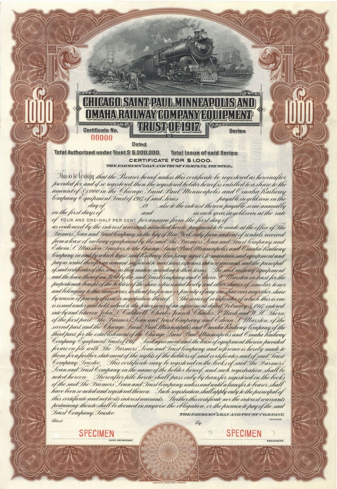Chicago, Saint Paul, Minneapolis and Omaha Railway Company Equipment Trust of 1917 $1,000 Specimen Bond - Specimen Stocks and Bonds