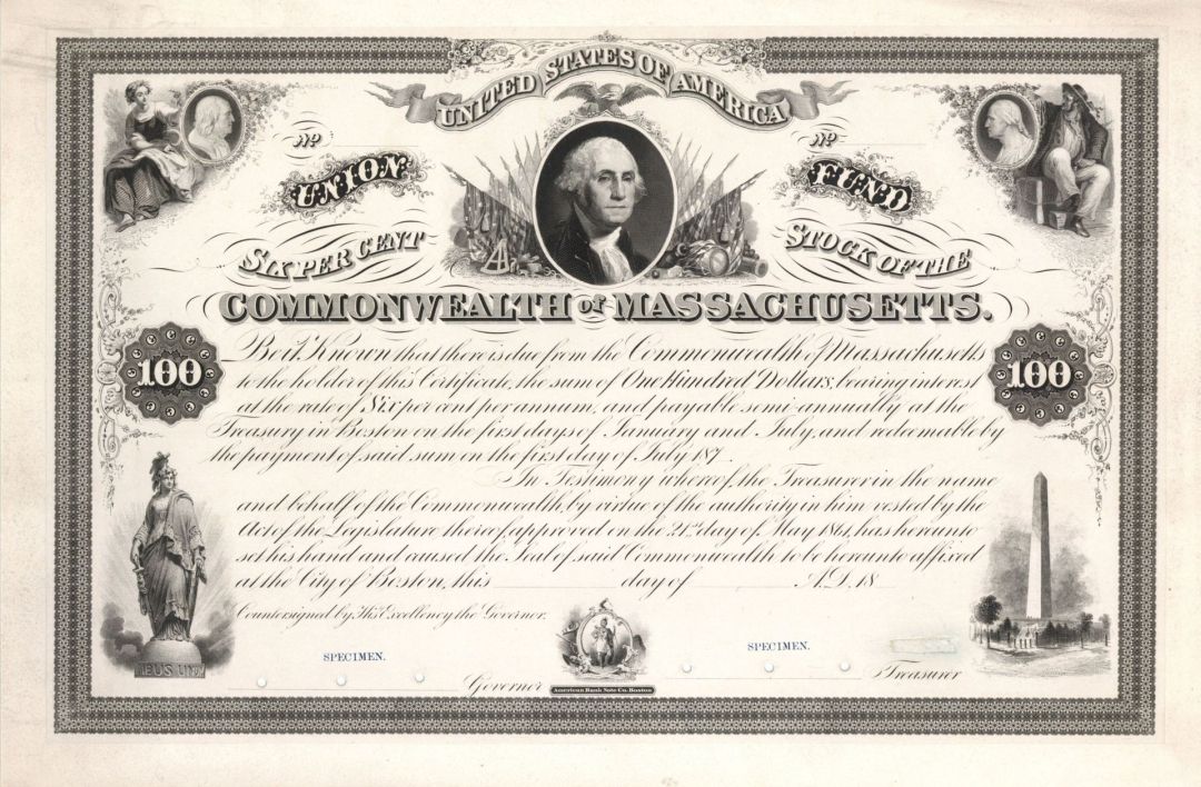 Commonwealth of Massachusetts 1850's dated $100 Specimen Bond - Specimen Stocks and Bonds