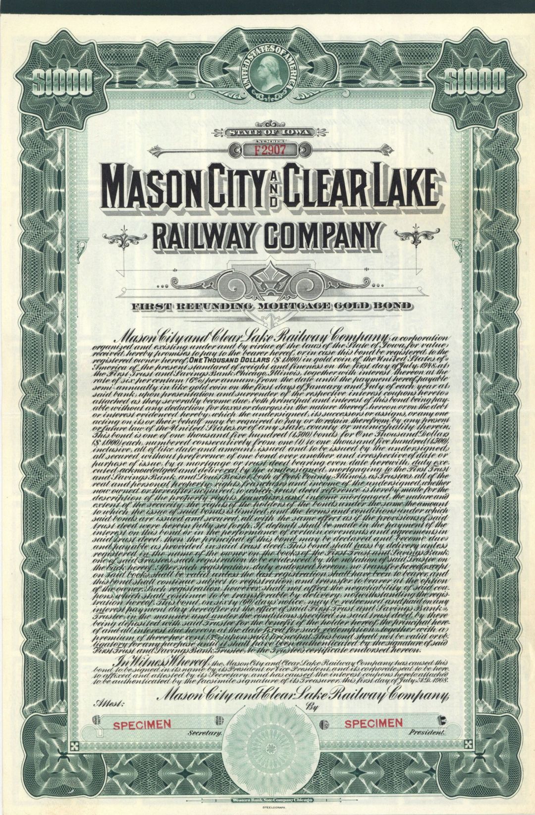 Mason City and Clear Lake Railway Co. 1908 dated $1,000 Specimen Bond - Specimen Stocks and Bonds