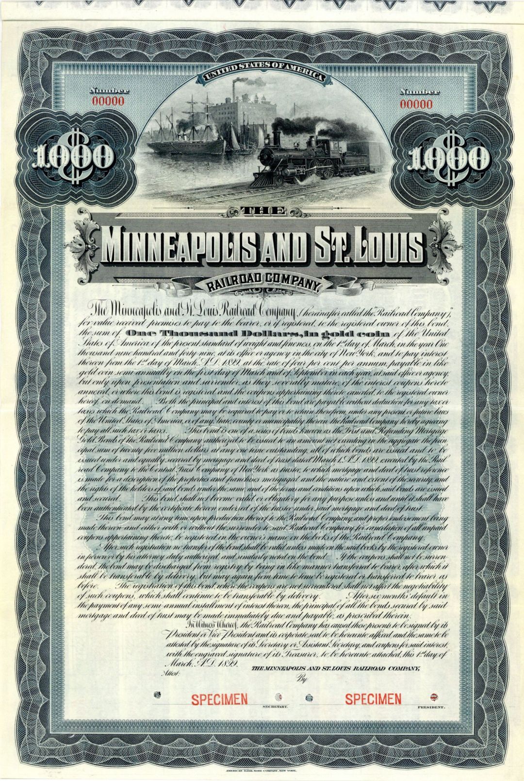 Minneapolis and St. Louis Railroad Co. 1899 dated $1,000 Specimen Bond - Specimen Stocks and Bonds