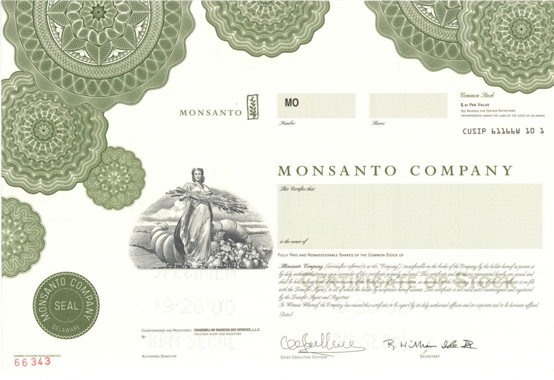 Monsanto Co. Specimen 9-26-2000 dated Stock Certificate - Specimen Stocks and Bonds