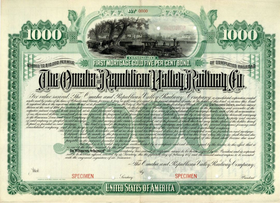 Omaha and Republican Valley Railway Co. - 1887 dated $1,000 Specimen Bond