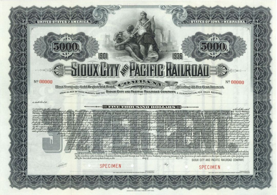 Sioux City and Pacific Railroad Co. 1900's dated $5,000 Specimen Bond - Specimen Stocks and Bonds