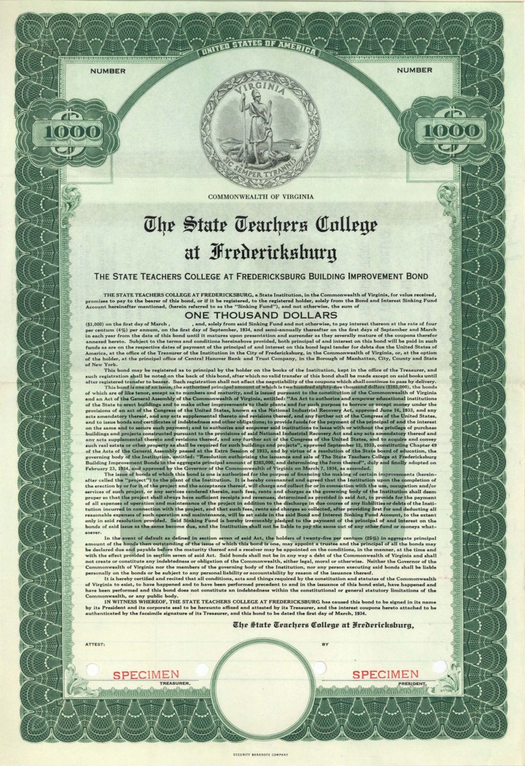 State Teachers College at Farmville - 1934 dated $500 Specimen Bond - Last One!