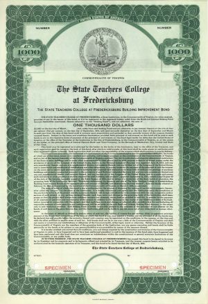 State Teachers College at Farmville - 1934 dated $500 Specimen Bond - Last One!