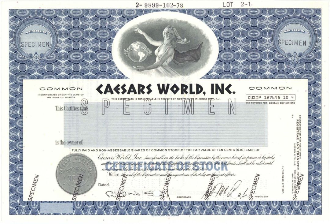 Caesars World, Inc. - Casino and Hotel Operator Specimen Stock Certificate - Originally Lum's Restaurants