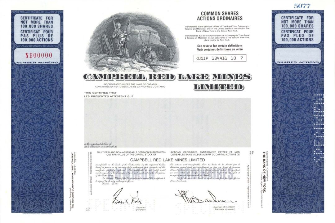 Campbell Red Lake Mines Ltd. - Canadian Specimen Stock Certificate - Canada