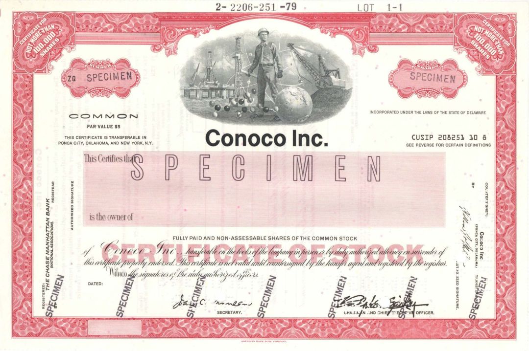 Conoco Inc. - Specimen Stock Certificate - Originally the Continental Oil and Transportation Company