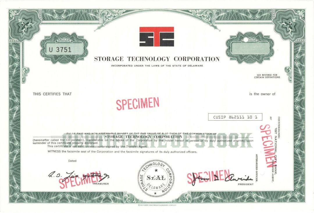 Storage Technology Corporation - Specimen Stock Certificate