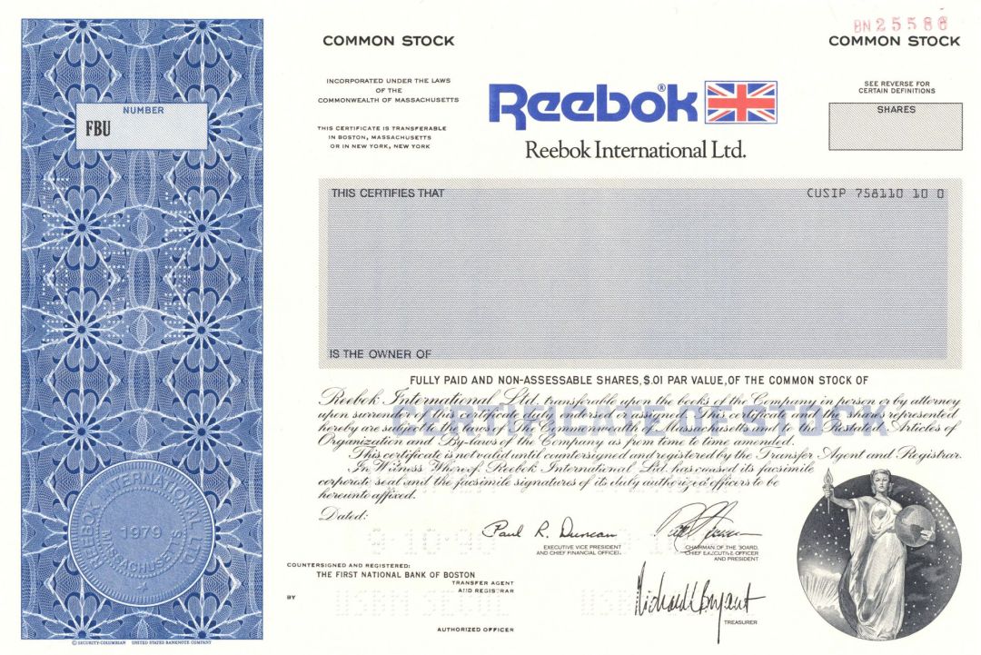 Reebok International Ltd. - 1990 dated Specimen Stock Certificate - Famous Shoe and Apparel Company