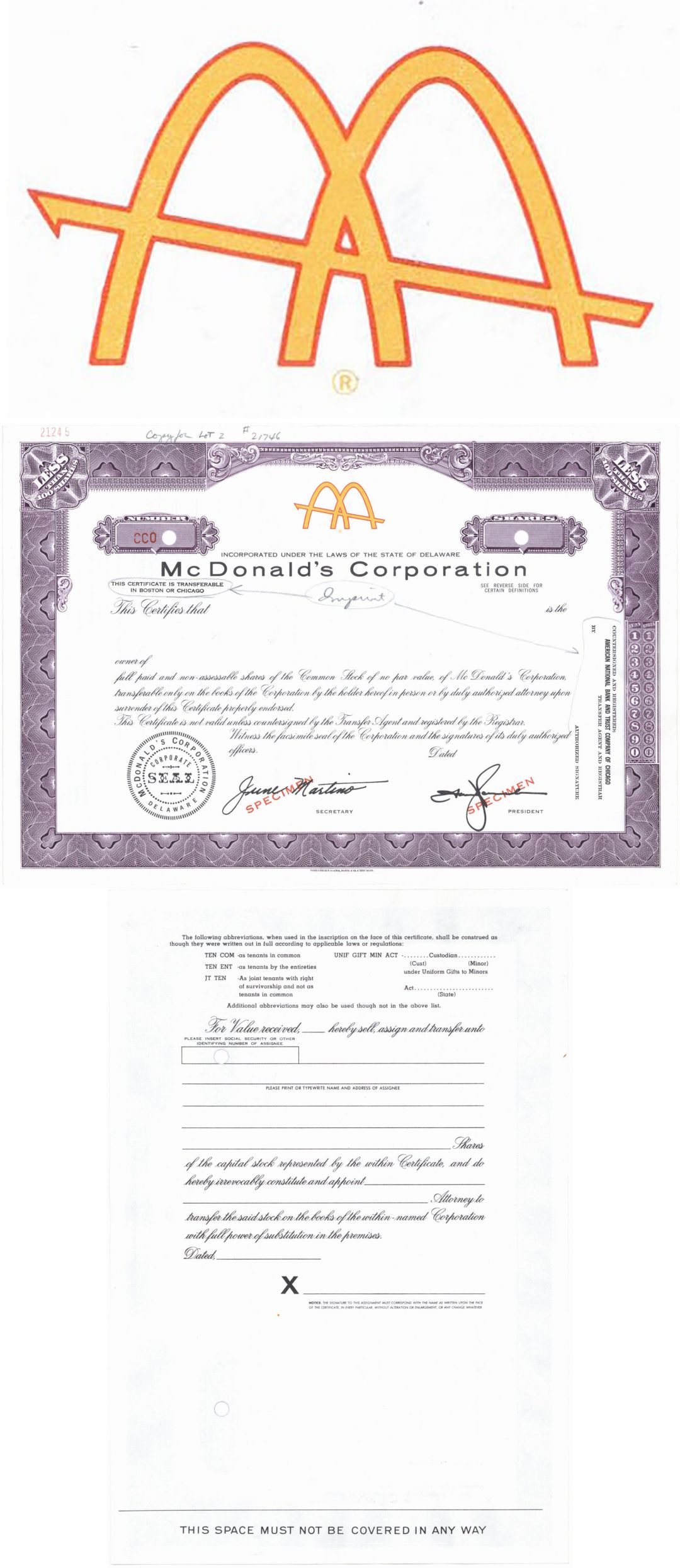 McDonald's Corporation - Extremely Rare If Not Unique - circa 1959-67 Working Specimen Stock Certificate