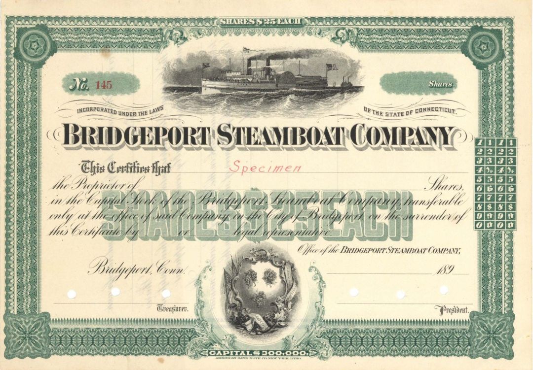 Bridgeport Steamboat Co. - Specimen Stock Certificate