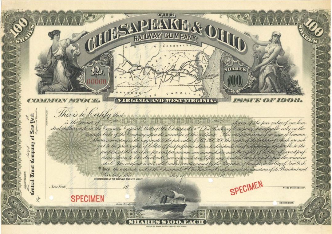 Chesapeake and Ohio Railway Co. - Specimen Stock Certificate