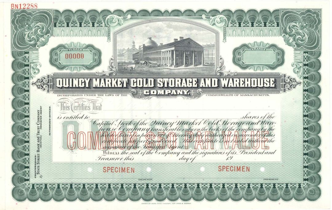 Quincy Market Cold Storage and Warehouse Co. - Specimen Stock Certificate